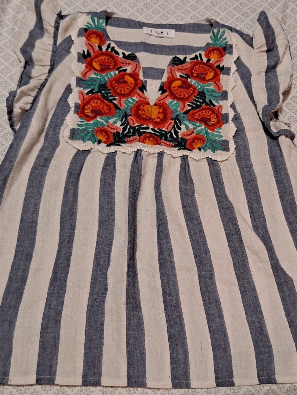 THML Striped Embroidered Floral Top - Blue & White Sz XS